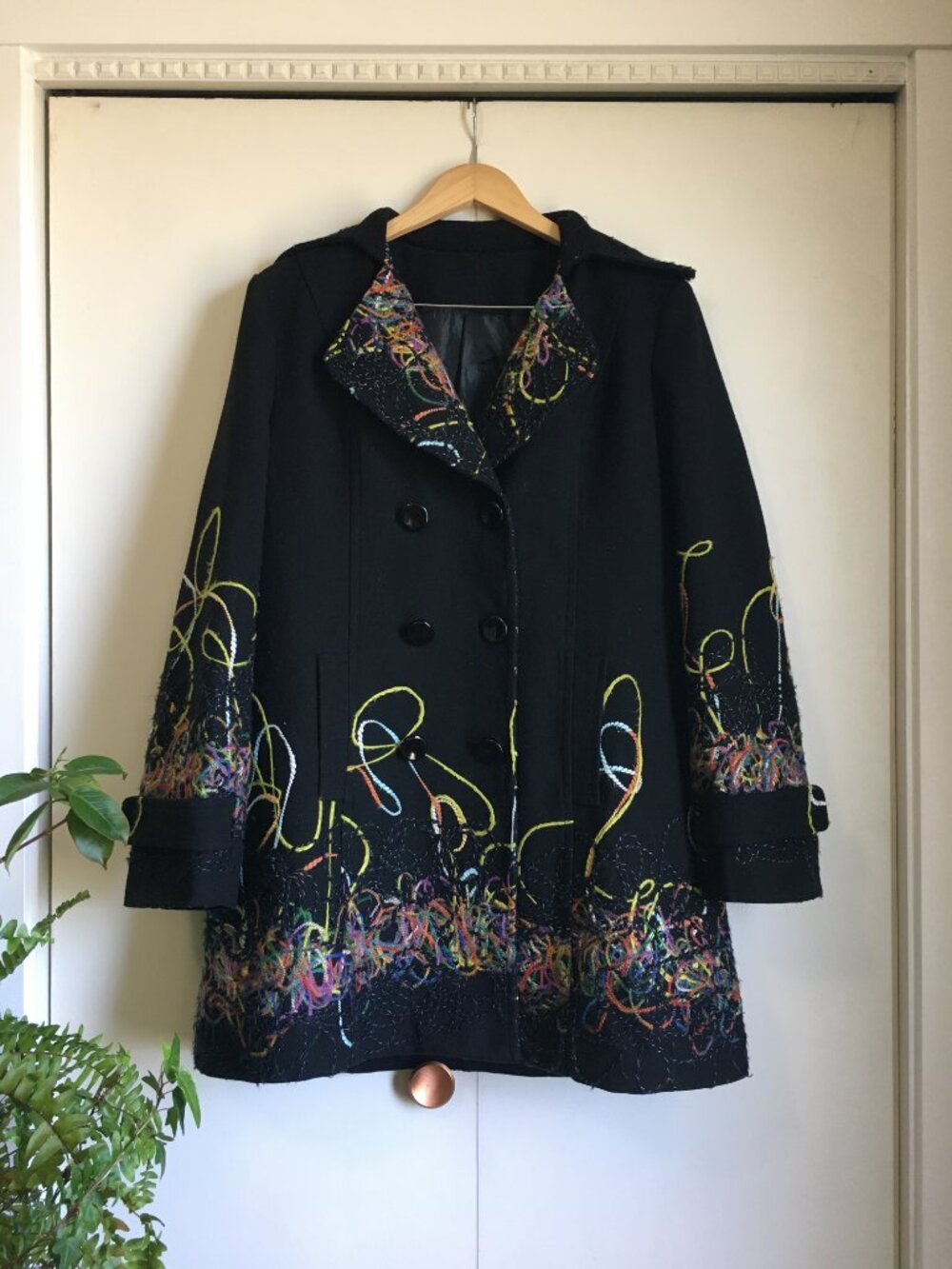 Vintage Black Double Breasted Magic Art Teacher Wool Coat Large